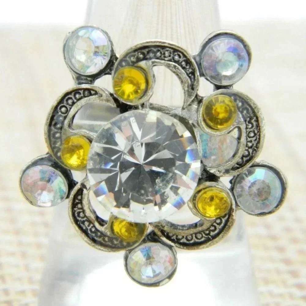 Topaz Clear Rhinestone Silver Tone Flower Cocktail